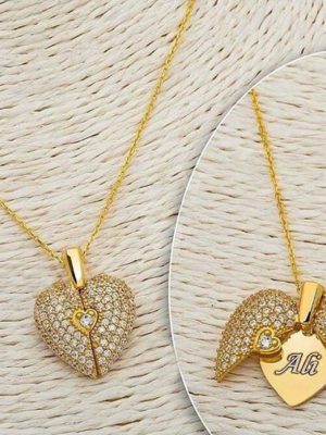 Gold Plated Heart Pendant Necklace with Sparkling Rhinestone Details